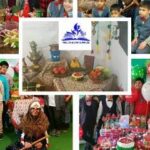 کلاژ عکس‌های از مراسم و جشن‌های مدرسه با دکوراسیون‌های رنگی، تزئینات گل و فعالیت‌های متنوع دانش‌آموزان