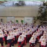دسته‌جمعی دانش‌آموزان دختر در حیاط مدرسه به‌هنگام شرکت در یک مراسم یا فعالیت گروهی