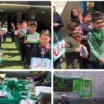 دانش‌آموزان و معلمان در یک جشنواره یا نمایشگاه پروژه شرکت می‌کنند و پوسترهای خود را نمایش می‌دهند. تصویری از یک رویداد آموزشی با حضور گروهی از دانش‌آموزان و اساتید.
