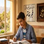 دانش‌آموزی در حال نوشتن و مطالعه در کلاس درس روشن شده با نور طبیعی از پنجره، دیواری‌ها با تابلوهای شعر و تقدیس
