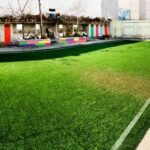 حیاط سبز مدرسه با چمن سالم و فضای باز برای فعالیت‌های دانش‌آموزان