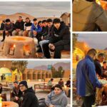 دانش‌آموزانی از مدرسه در حین یک مراسم گروهی شهاب‌سنجی دور آتش، در حیاط مدرسه با ساختمان‌های سنتی کوهستانی در پس‌زمینه