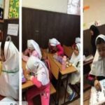 دانش‌آموزان دختری در حال انجام پروژه ساخت دستی و هنری با کاغذ و وسایل رنگی در محیط کلاسی