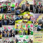 دانش‌آموزان و مسؤولان مدرسه در حال شرکت در جشن فرهنگستان با تزیین‌های سبز و صورتی