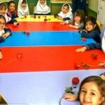 دانش‌آموزان در حال مشارکت در فعالیت رنگ‌آمیزی و کار دستی گروهی در کلاس درس، دور یک کار هنری رنگین دور هم نشسته‌اند