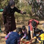 فعالیت درختکاری دانش‌آموزان: معلم و شاگردان در حیاط مدرسه درحال کاشت و نگهداری از درختان و گیاهان