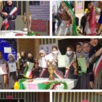 دانش‌آموزان مدرسه در حین حضور در مراسم جشن دهه فجر با پوشاک‌های رسمی رنگین، تندیس‌ها و فلگ‌های ایران