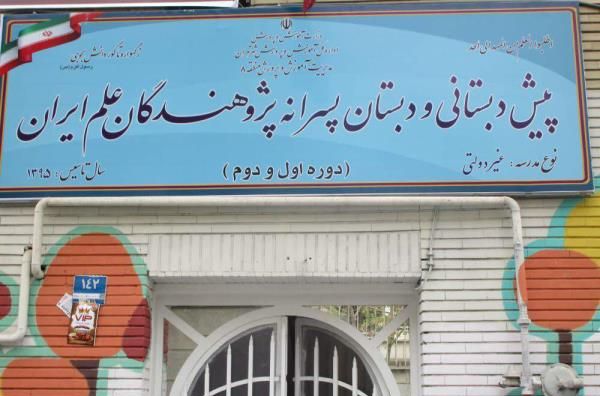 سردر ورودی ساختمان مدرسه با تابلوی آبی شامل نام مدرسه و تزیینات دیواری رنگی