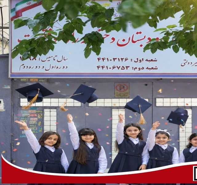 دانش‌آموزان دختر مدرسه در حال جشن گرفتن و پرتاب کلاه دانش‌آموختگی در مقابل ساختمان مدرسه، علیه آسمان آبی