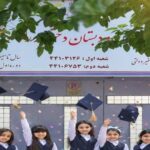 دانش‌آموزان دختری در حال پرتاب کلاه‌های تحصیلی در مراسم جشن فارغ‌التحصیلی جلوی ویترین مدرسه