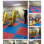 دانش‌آموزان در حال انجام تمارین ورزشی و فعالیت‌های فیزیکی در صالن‌ورزشی مدرسه با کفپوش قرمز و آبی، پوشش ورزشی زرد و مشکی