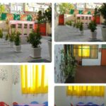 نمای حیاط مدرسه با درختان، گیاهان و فضای باز سنگفرش‌شده، درب‌های ورودی ساختمان