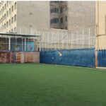 حیاط مدرسه با سطح چمن سبز و دیوارهای محدودکننده آبی و قهوه‌ای