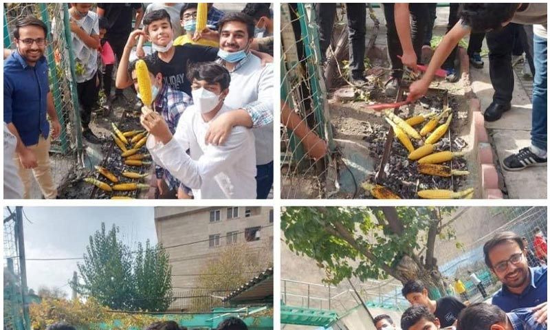 دانش‌آموزان در حیاط مدرسه در حال انجام یک پروژه عملی تیمی با ساخت و نصب ساختارهای رنگی تحت نظارت معلمان