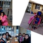 کولاژی از سه تصویر که دانش‌آموزان را در حین شرکت در یک رویداد غذاخوری تجمعی در کلاس و حیاط مدرسه نشان می‌دهد