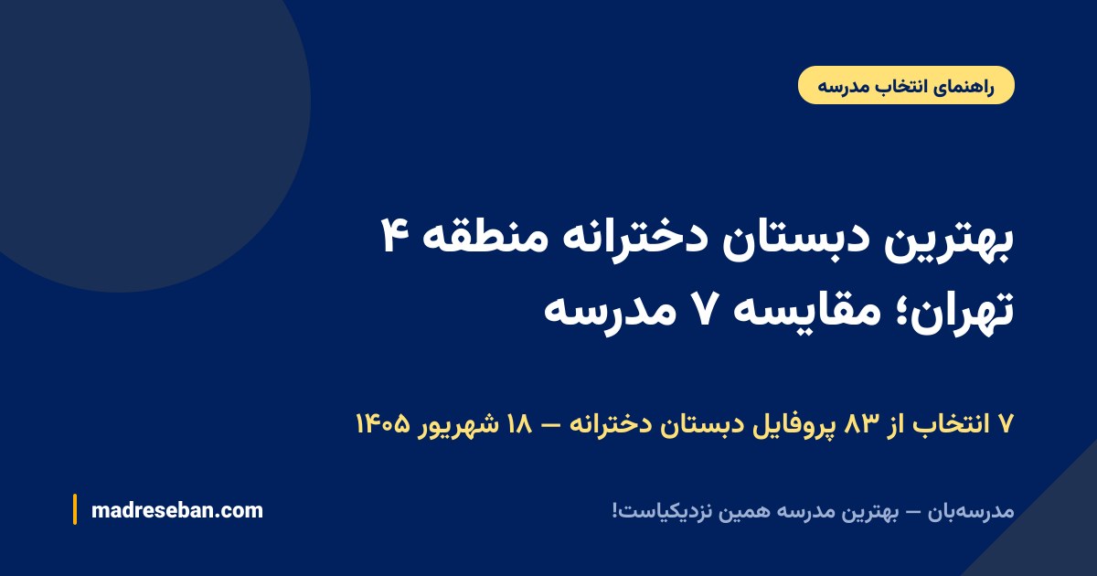 بهترین دبستان دخترانه منطقه ۴ تهران؛ مقایسه ۷ مدرسه — ۷ انتخاب از ۸۳ پروفایل دبستان دخترانه — ۱۸ شهریور ۱۴۰۵